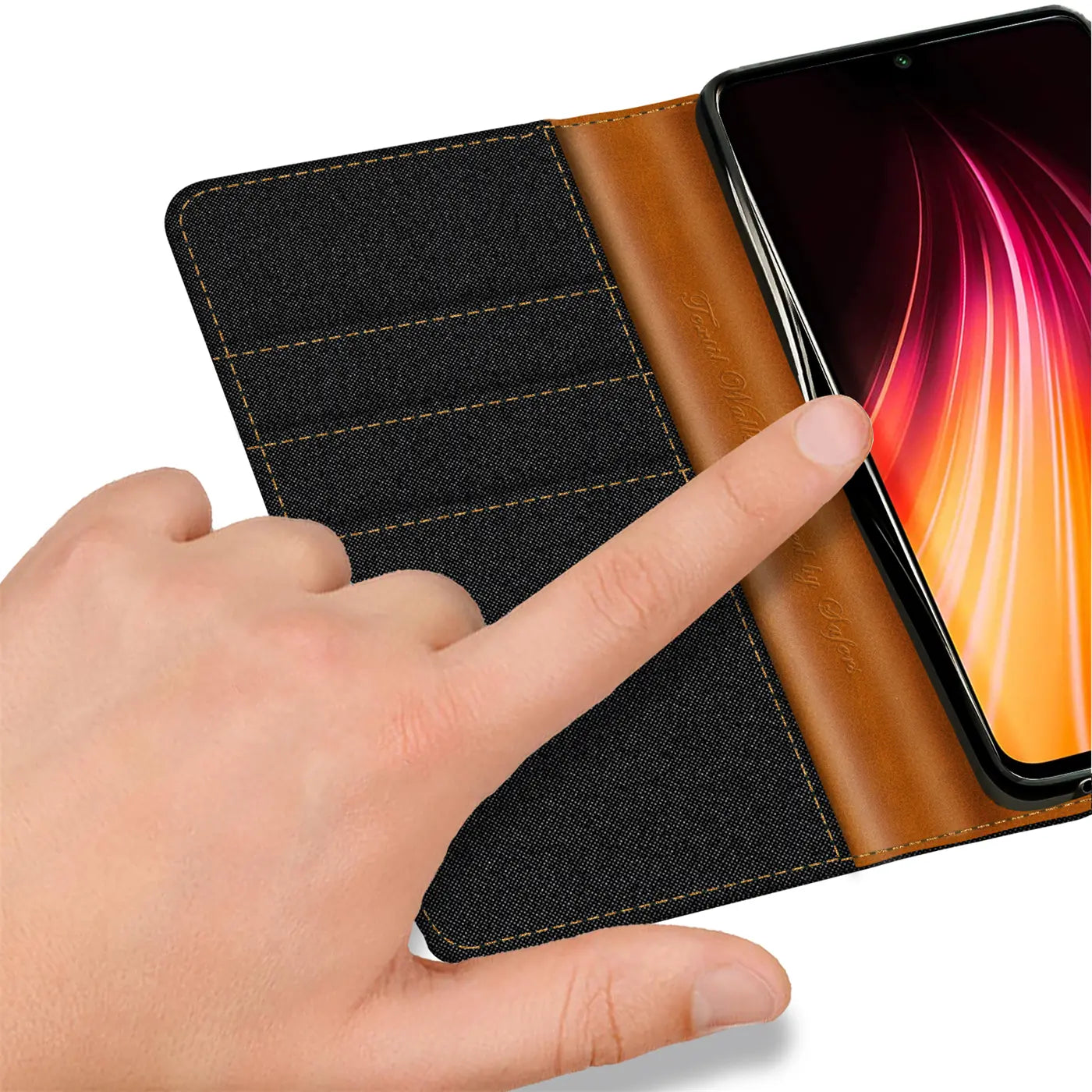 Schwarz-braune Textil-Klapphülle mit Kartenfächern, zeigt Xiaomi Redmi Note 8 Pro.