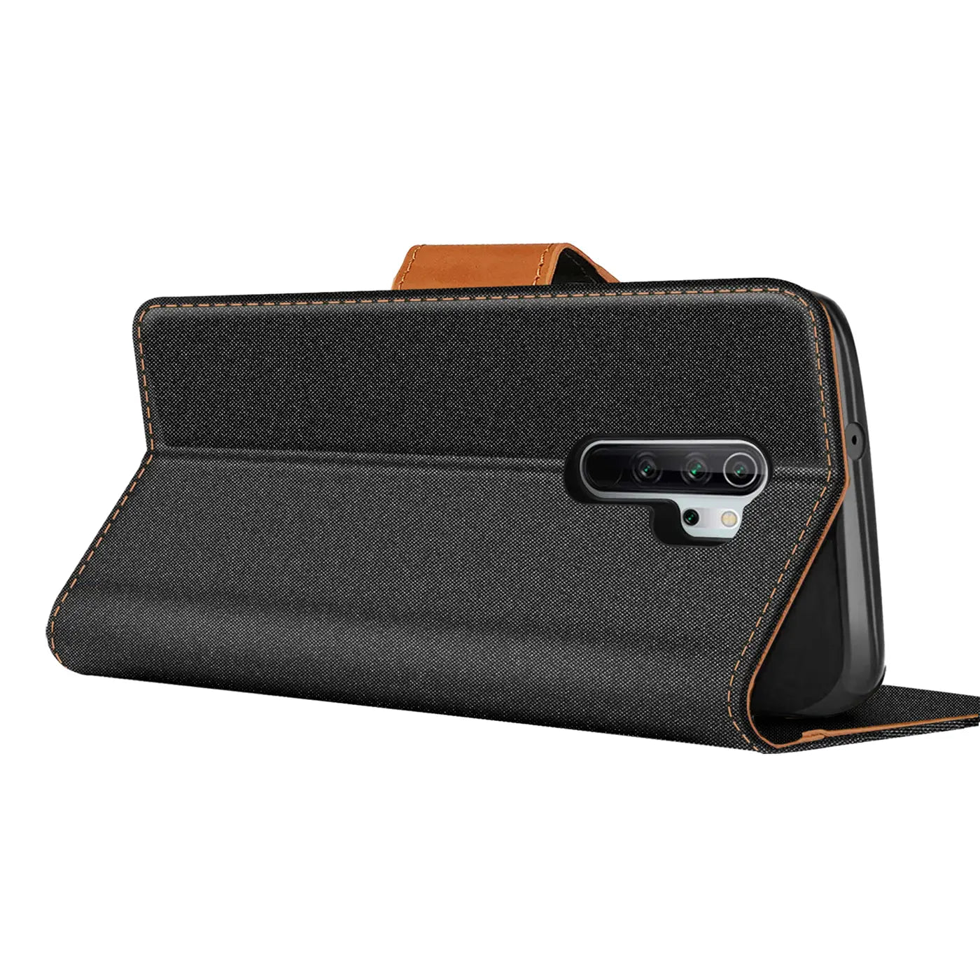 Schwarze Textil-Klapphülle mit braunen Akzenten, seitliche Ansicht, zeigt Kamera des Xiaomi Redmi Note 8 Pro.