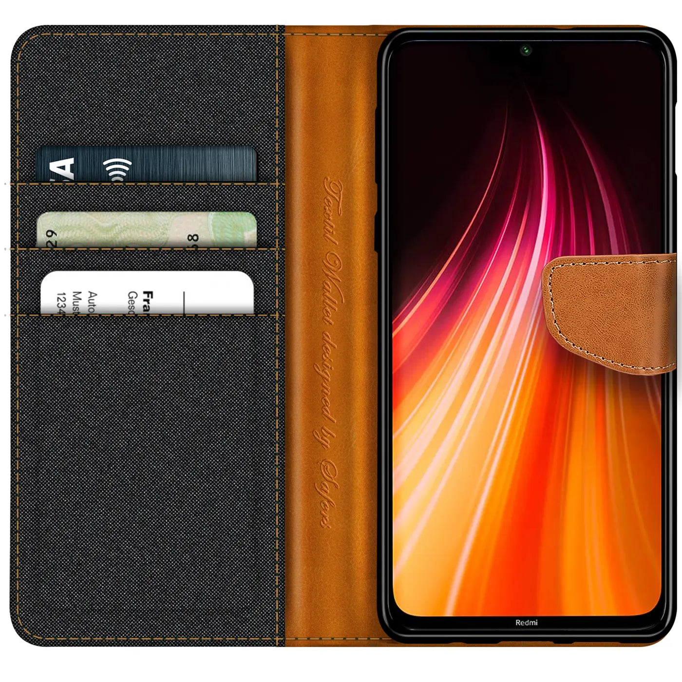 Textil-Klapphülle mit Kartenfach, braunes Leder, Xiaomi Redmi Note 8T, von vorne