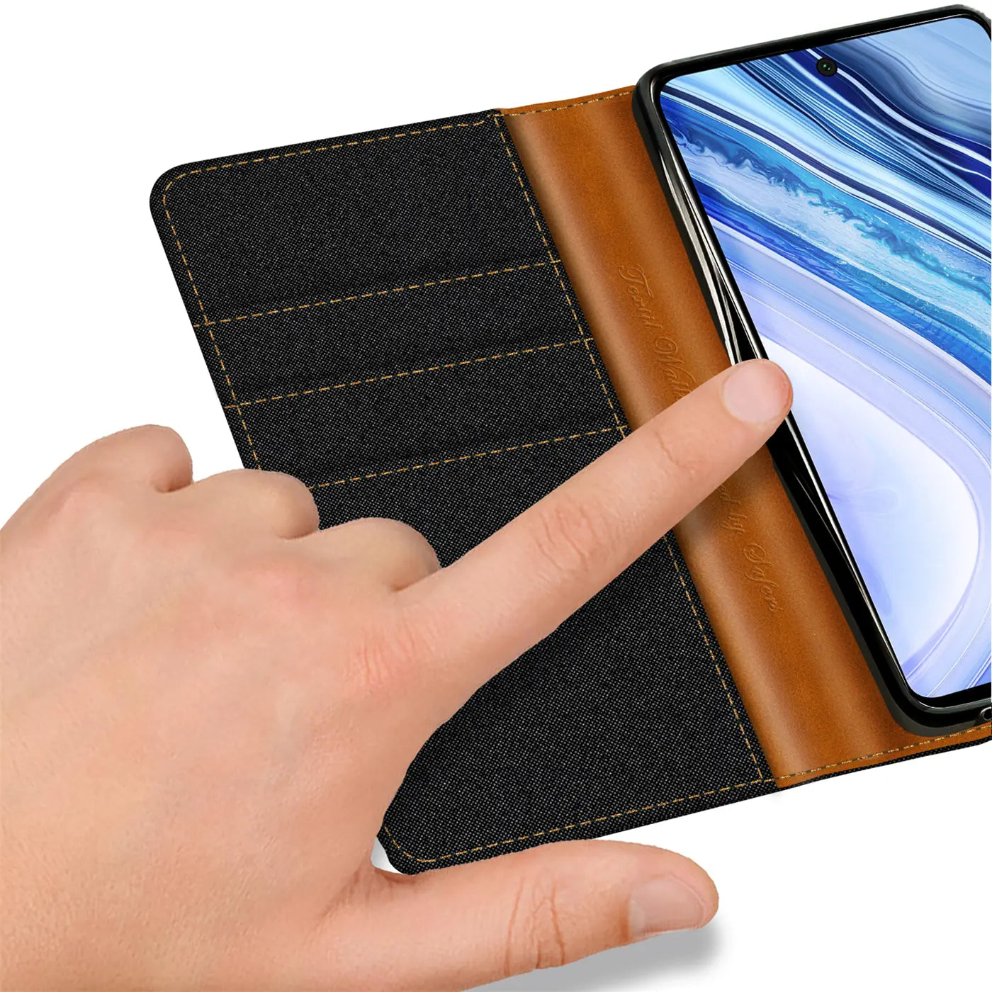Schwarze Textil-Klapphülle mit braunem Lederdetail, Kartenfach, Xiaomi Redmi Note 9 Pro/9S.