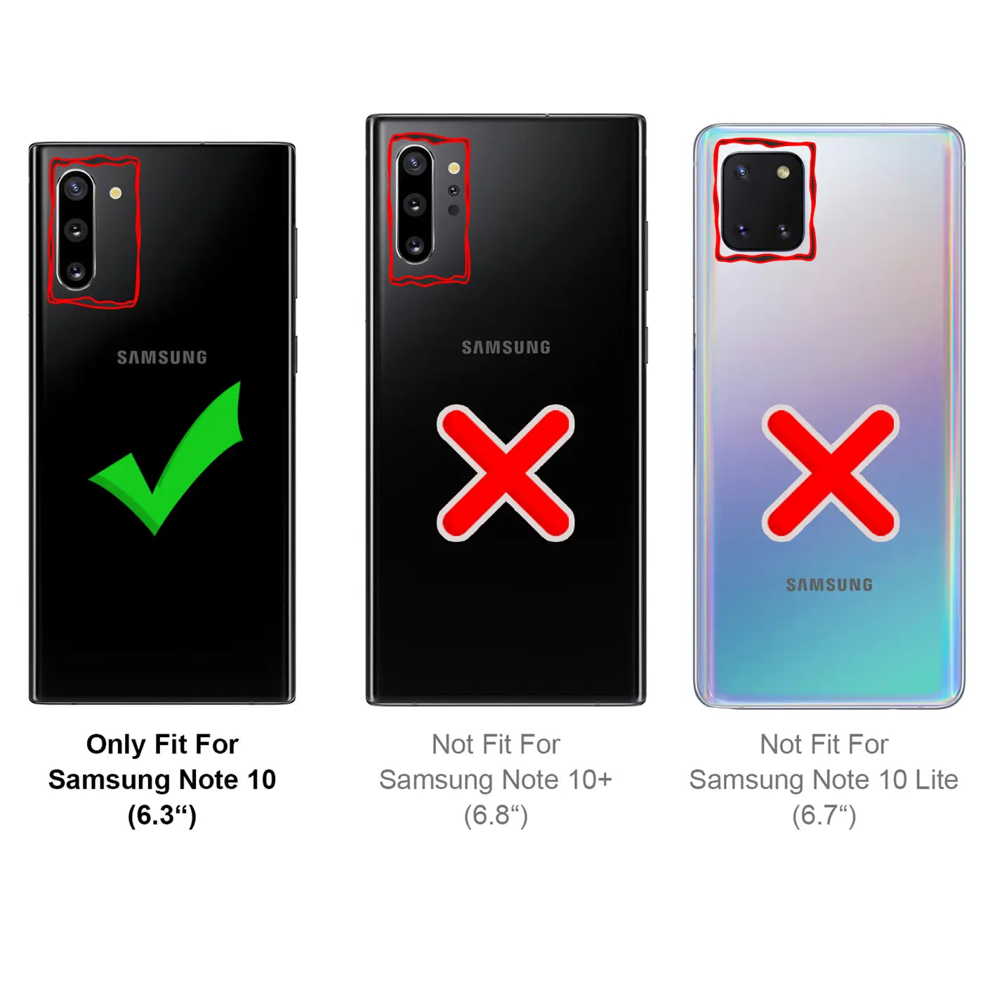 Rückansicht von 3 Samsung Galaxy Note Handys: Note 10 (schwarz, Haken), Note 10+ (schwarz, X), Note 10 Lite (silber, X).