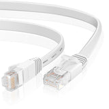 Weißes Flachkabel, Cat 7 STP, Nahaufnahme, zwei RJ45-Stecker, von vorne