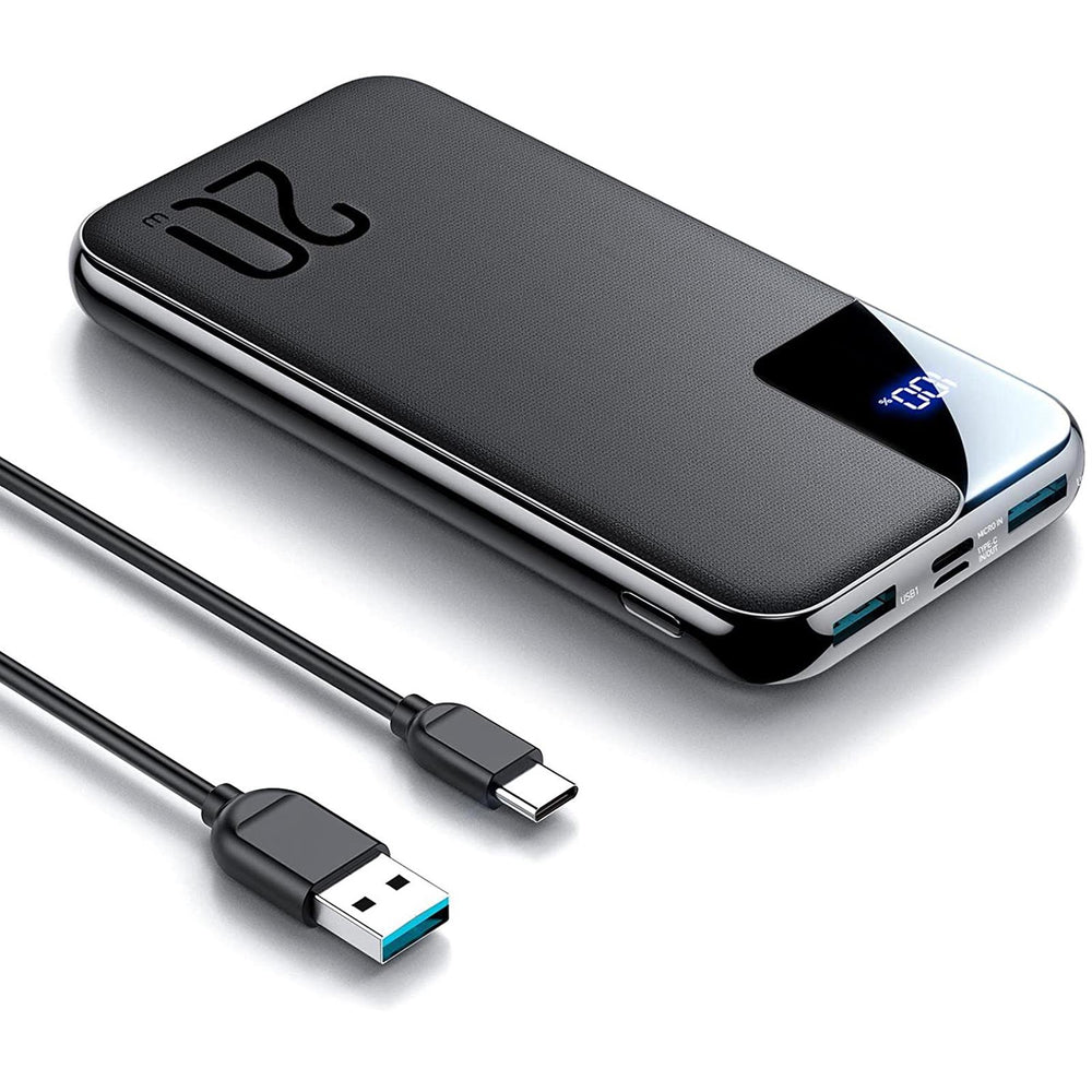 Joyroom Powerbank JR-QP190, 20.000mAh, schwarz, mit Dual-USB-Ausgängen, USB-C Anschluss, digitalem LED-Display und Schnellladefunktion.