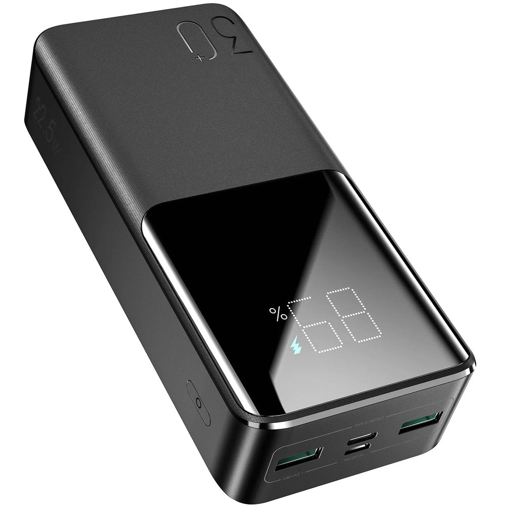 Joyroom Powerbank JR-QP193, 30.000mAh, schwarz, mit 22,5W Ausgangsleistung, Dual-USB-A und USB-C-Anschlüssen, digitalem LED-Display.