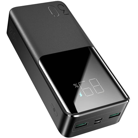 Joyroom Powerbank JR-QP193, 30.000mAh, schwarz, mit 22,5W Ausgangsleistung, Dual-USB-A und USB-C-Anschlüssen, digitalem LED-Display.