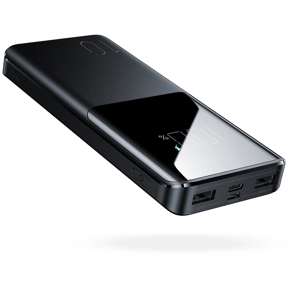 Joyroom Powerbank JR-T013, 10.000mAh, schwarz, mit Dual-USB-Ausgängen, USB-C Anschluss, digitalem LED-Display und Schnellladefunktion.