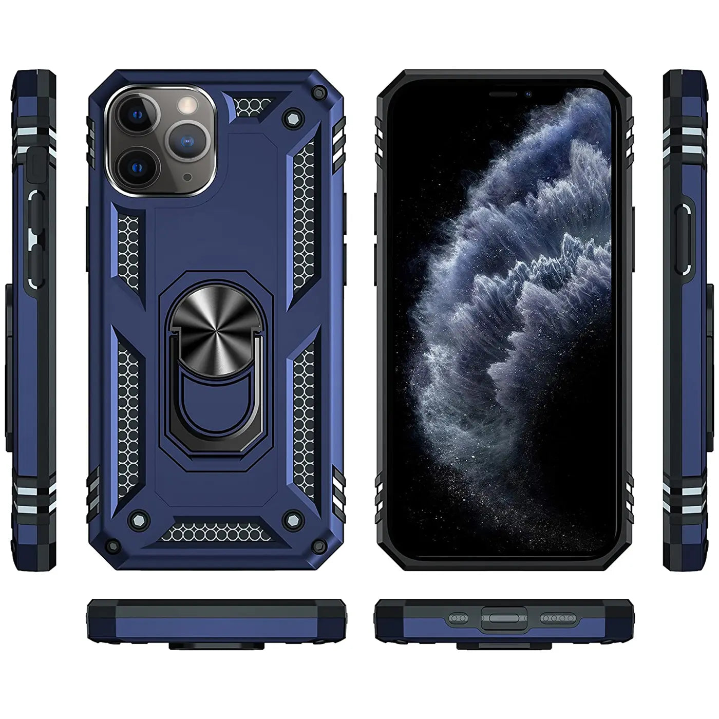 Dunkelblaue Hülle mit Ringhalter für iPhone 11 Pro, verschiedene Ansichten