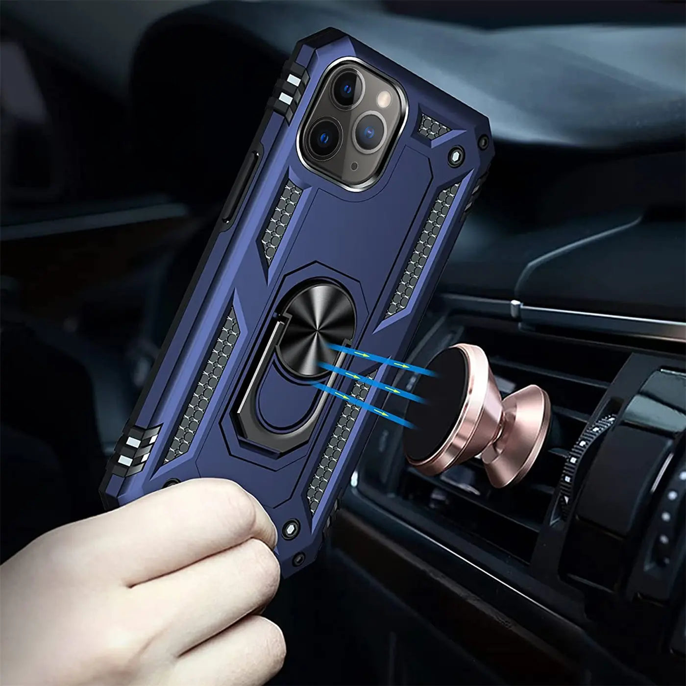 Dunkelblaue Handyhülle mit Ringhalter, Nahaufnahme, iPhone 11 Pro, im Auto