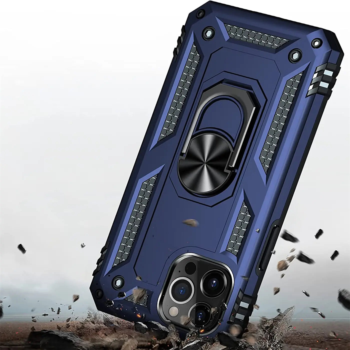 Dunkelblaue Hülle mit Ringhalter für iPhone 11 Pro, von vorne, Materialmix.