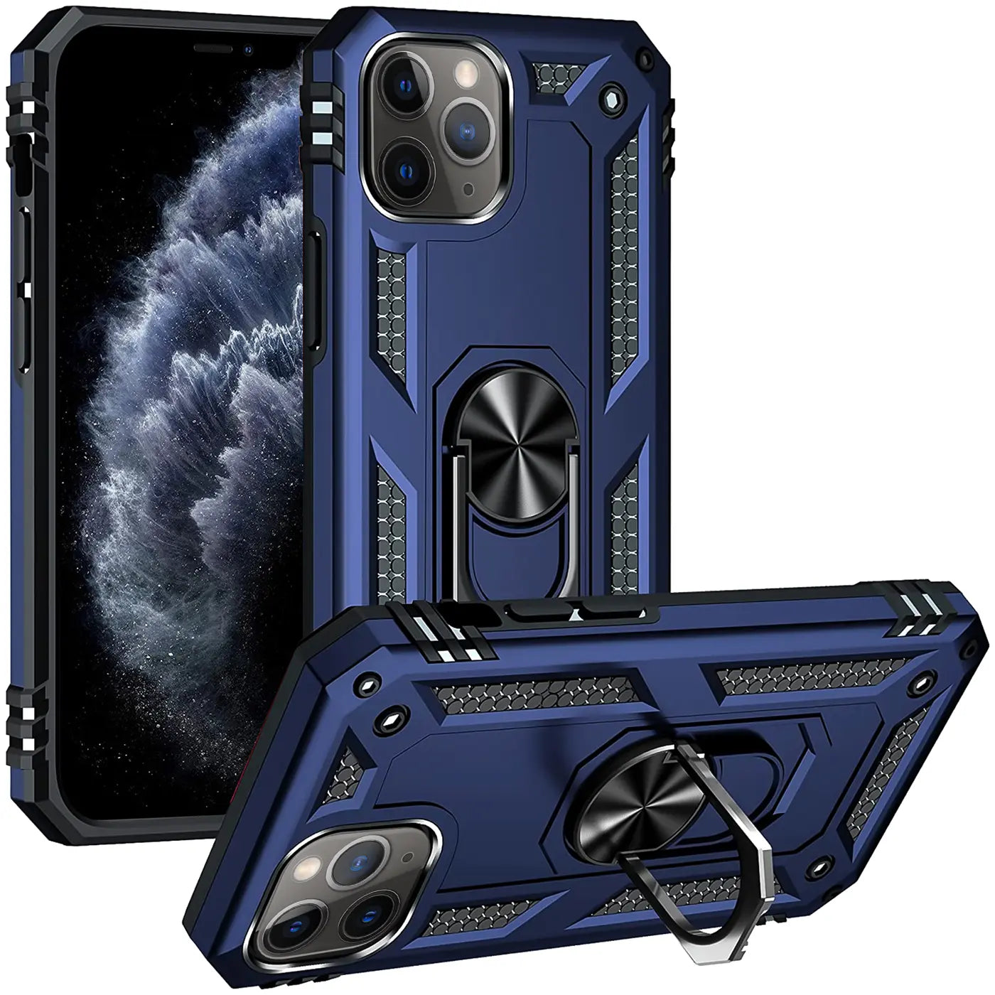Dunkelblaue Hülle mit Ringhalter für iPhone 11 Pro Max, Materialmix, Vorder- und Rückansicht.