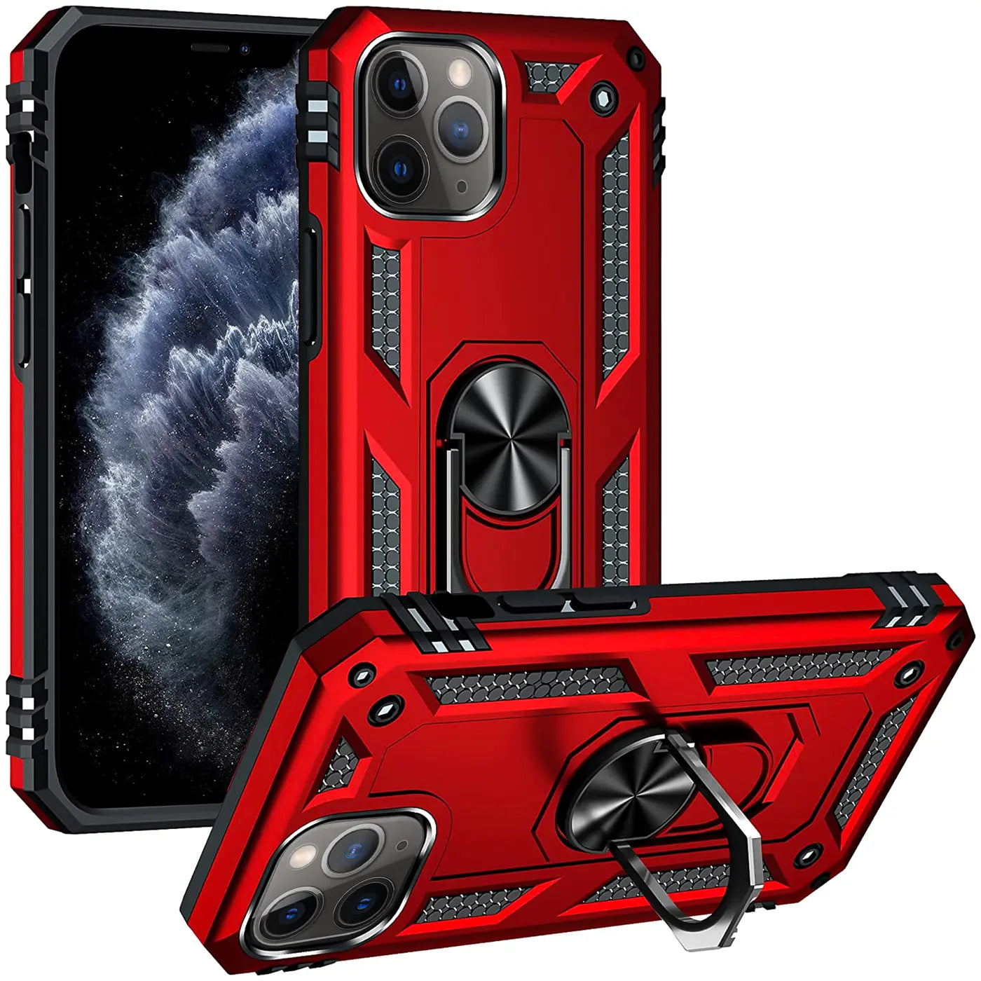 Rote Hülle mit Ringhalter für iPhone 11 Pro, aus Kunststoff, von vorne und schräg