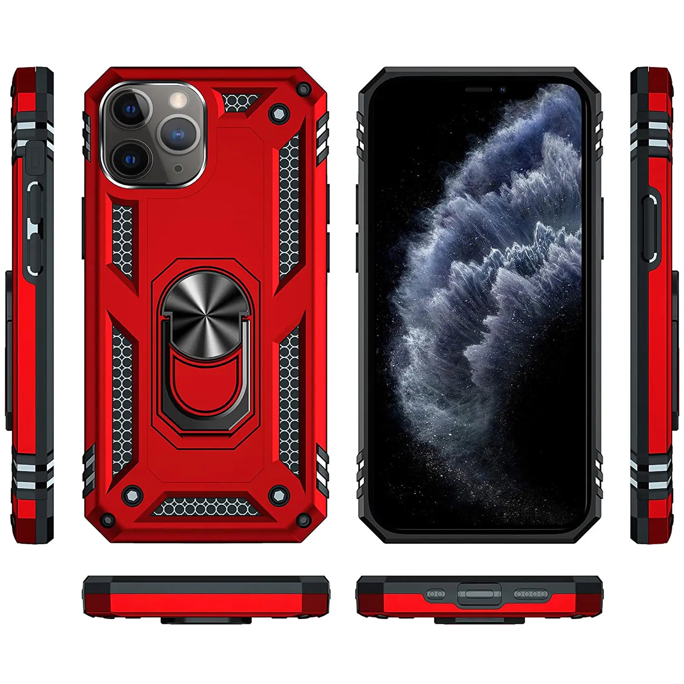 Rote Hülle mit Ringhalter für iPhone 11 Pro, verschiedene Ansichten.