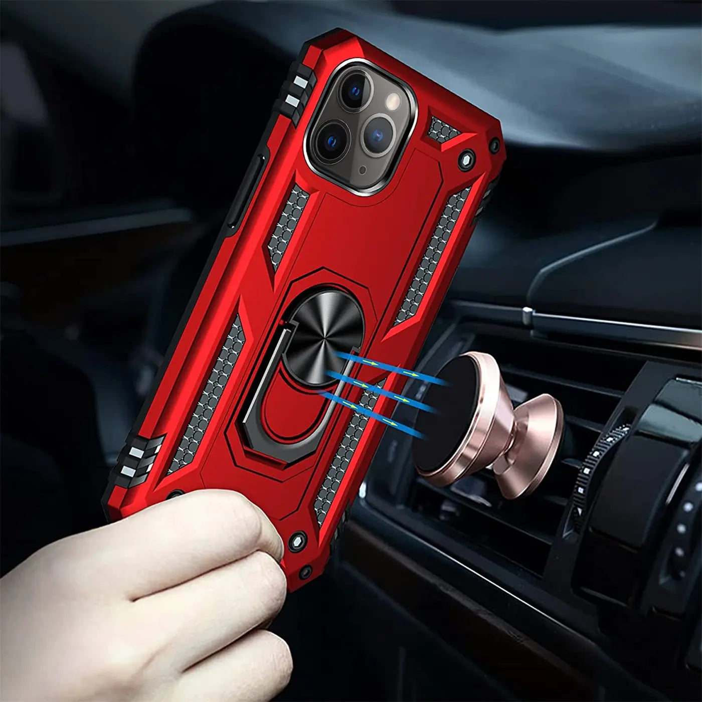 Rote Hülle mit Ringhalter für iPhone 11 Pro, von vorne, Metall und Kunststoff.
