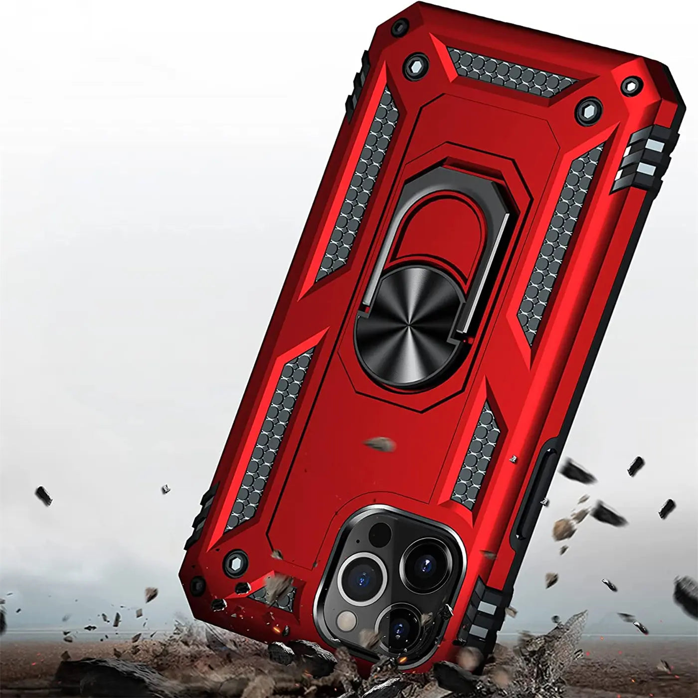 Rote Hülle mit Ringhalter für iPhone 11 Pro, aus Kunststoff, von schräg oben.