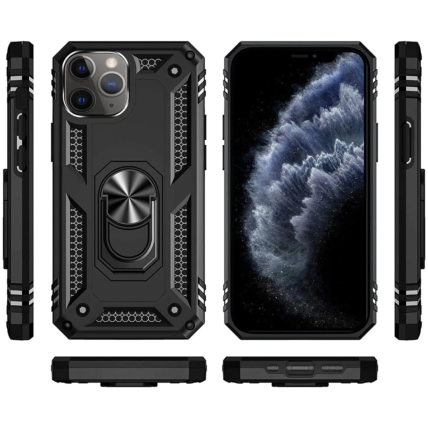 Schwarze Hülle mit Ringhalter für iPhone 11 Pro, aus Kunststoff, verschiedene Ansichten.