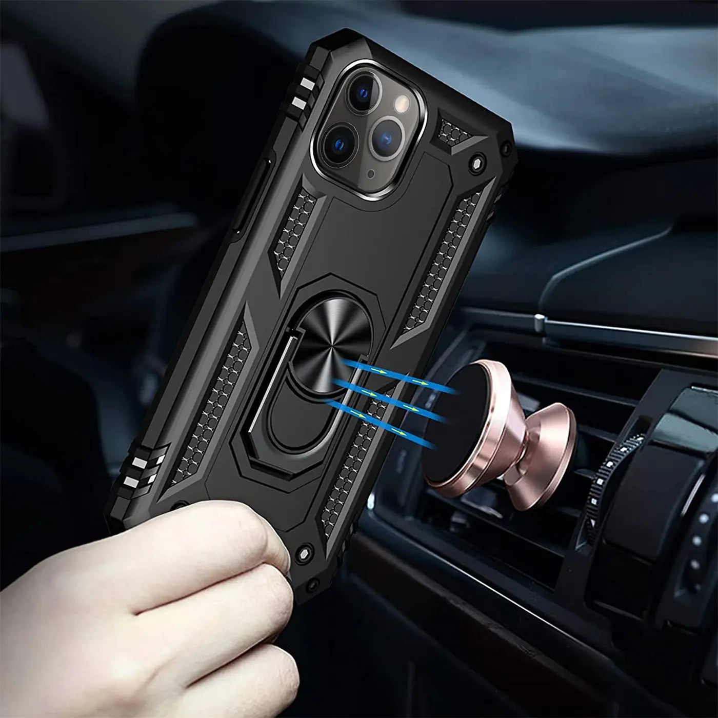Schwarze Handyhülle mit Ringhalter, magnetisch, für iPhone 11 Pro, im Auto