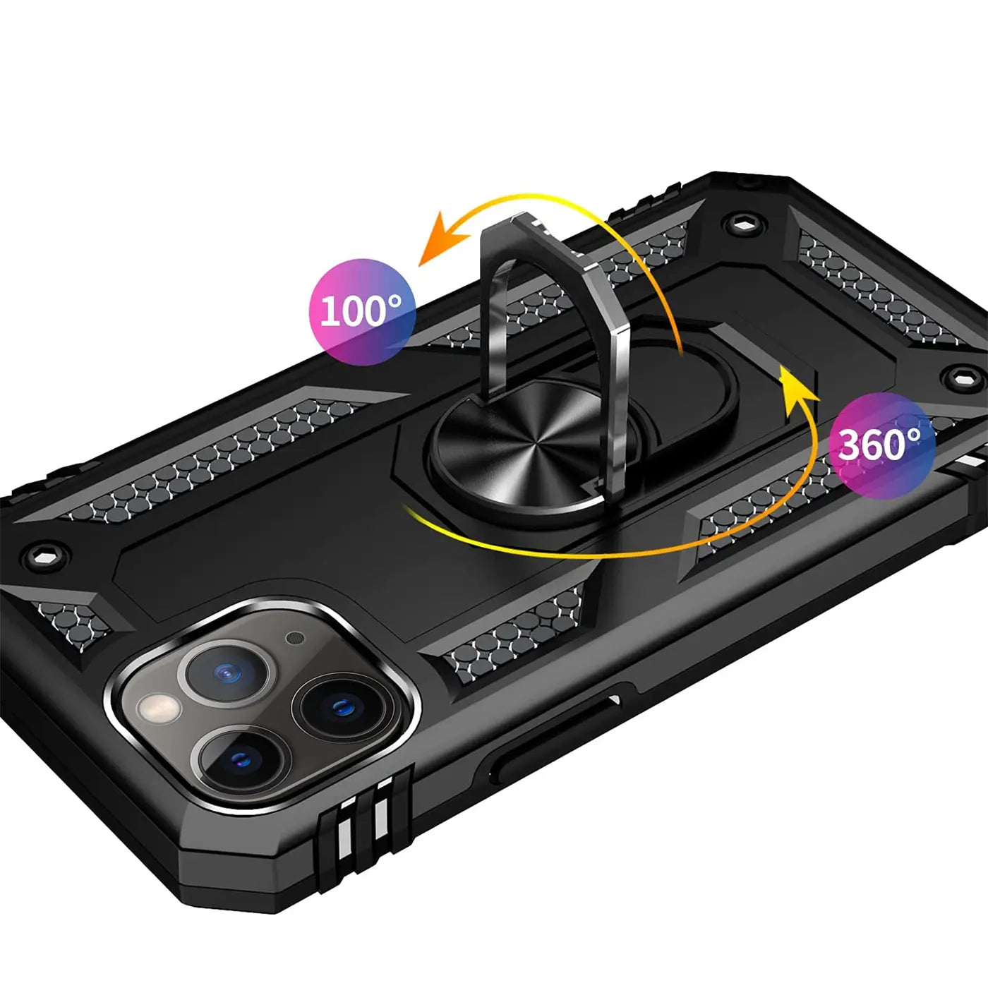 Schwarze Militär-Hülle mit Ringhalter für iPhone 11 Pro, von oben rechts