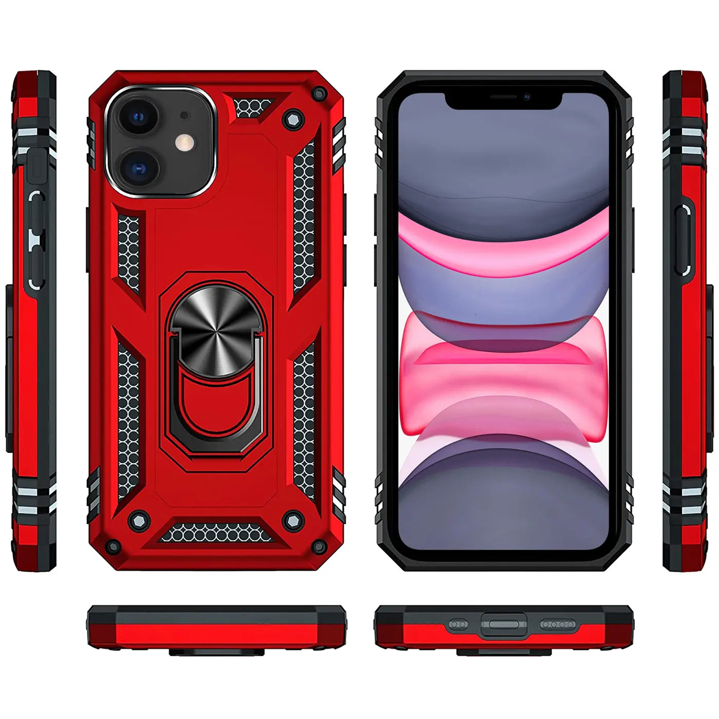 Rote Hülle mit Ringhalter für iPhone 11, von vorne und Seite gezeigt.