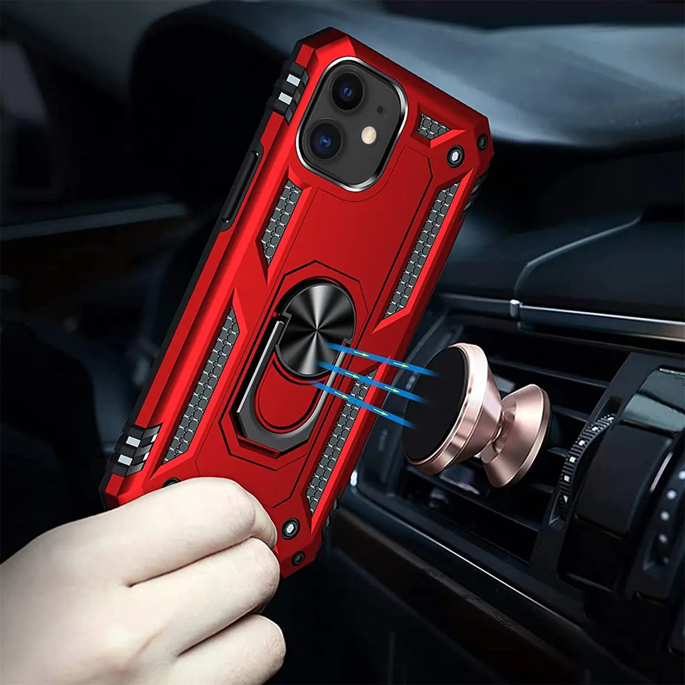 Rote Hülle mit Ringhalter für iPhone 11, Metall/Kunststoff, Seitenansicht.