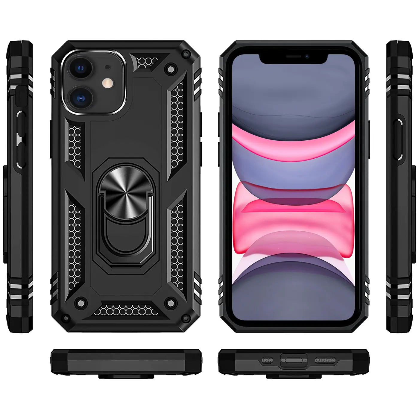 Schwarze iPhone 11 Hülle aus Kunststoff mit Ringhalter, Vorder- und Rückansicht.