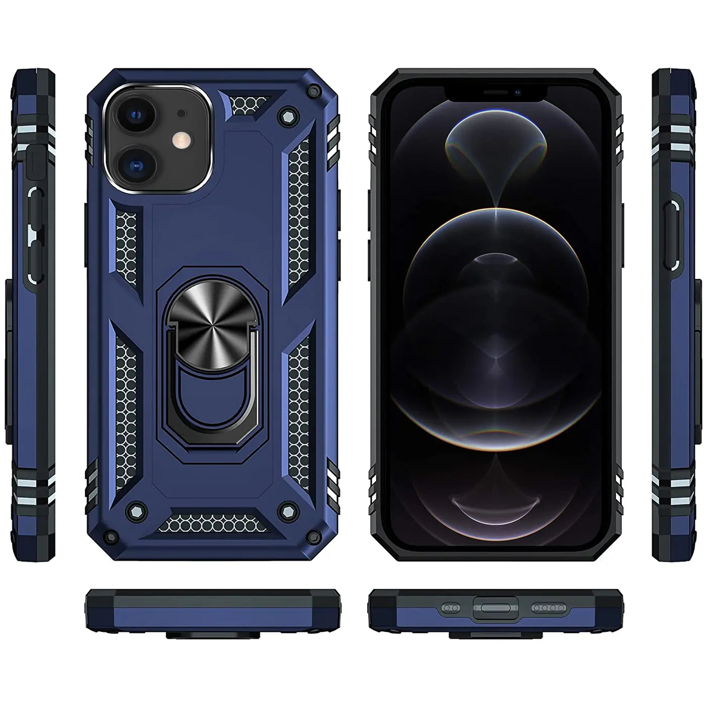 Dunkelblaue Hülle mit Ringhalter für iPhone 12 Mini, verschiedene Ansichten.