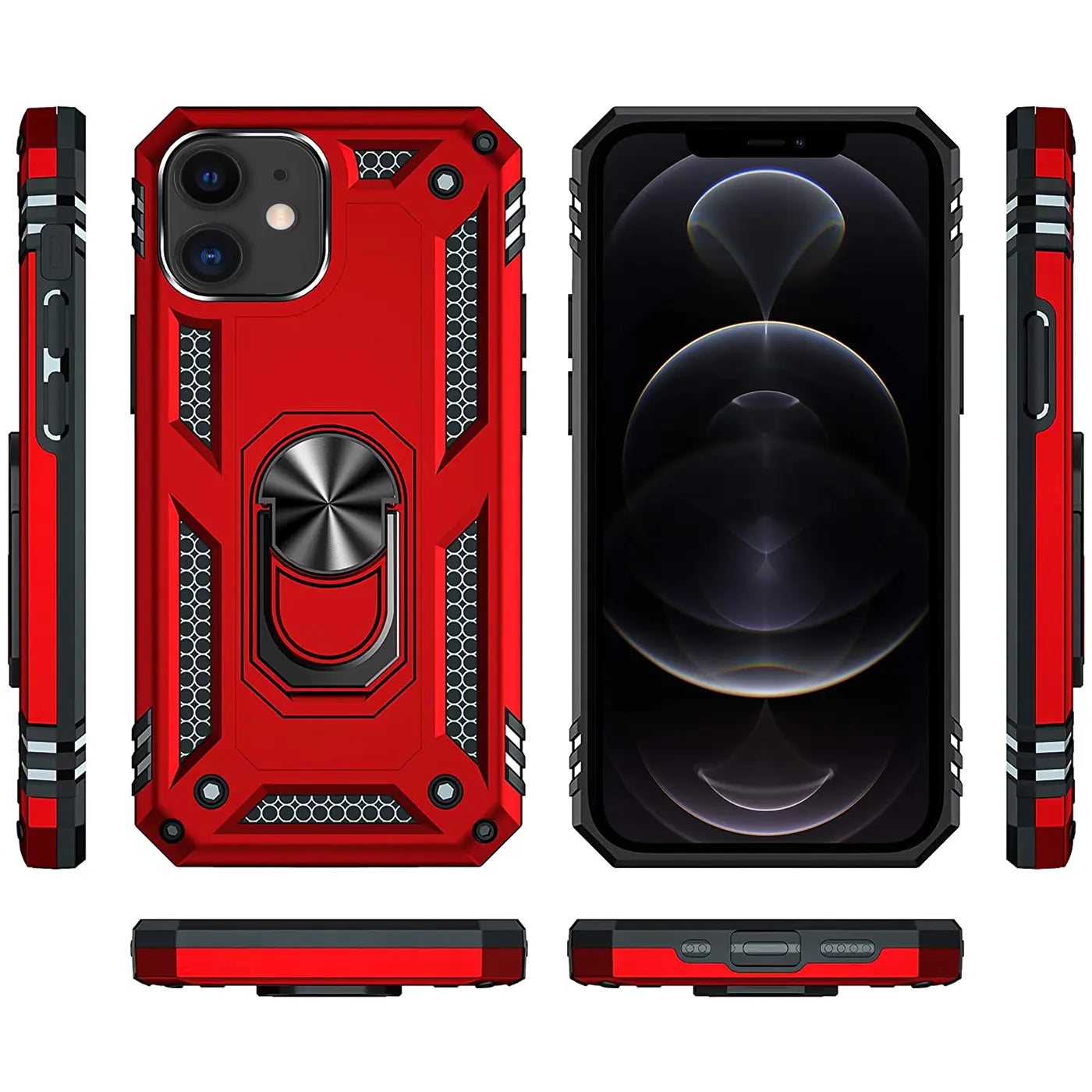 Rote Hülle mit Ringhalter für iPhone 12 Mini, verschiedene Ansichten.