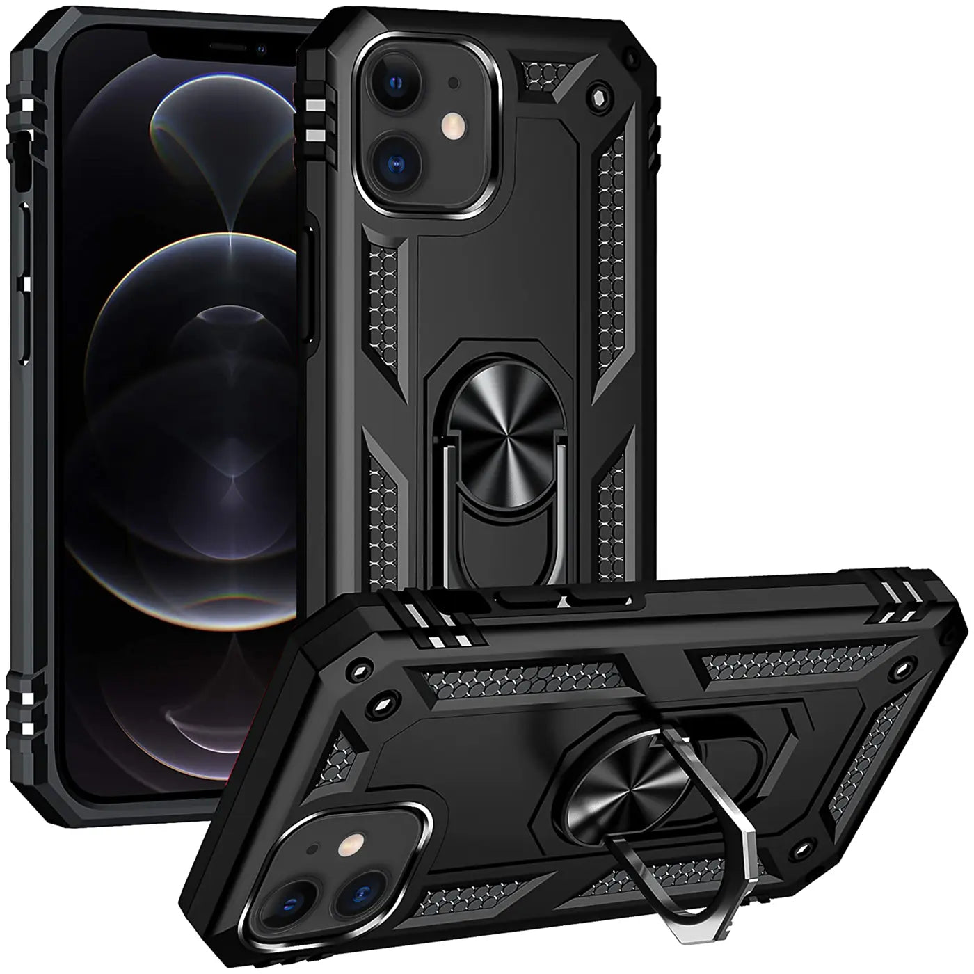Schwarze Hülle mit Ringhalter für iPhone 12 Mini, aus Kunststoff, von vorne/schräg.