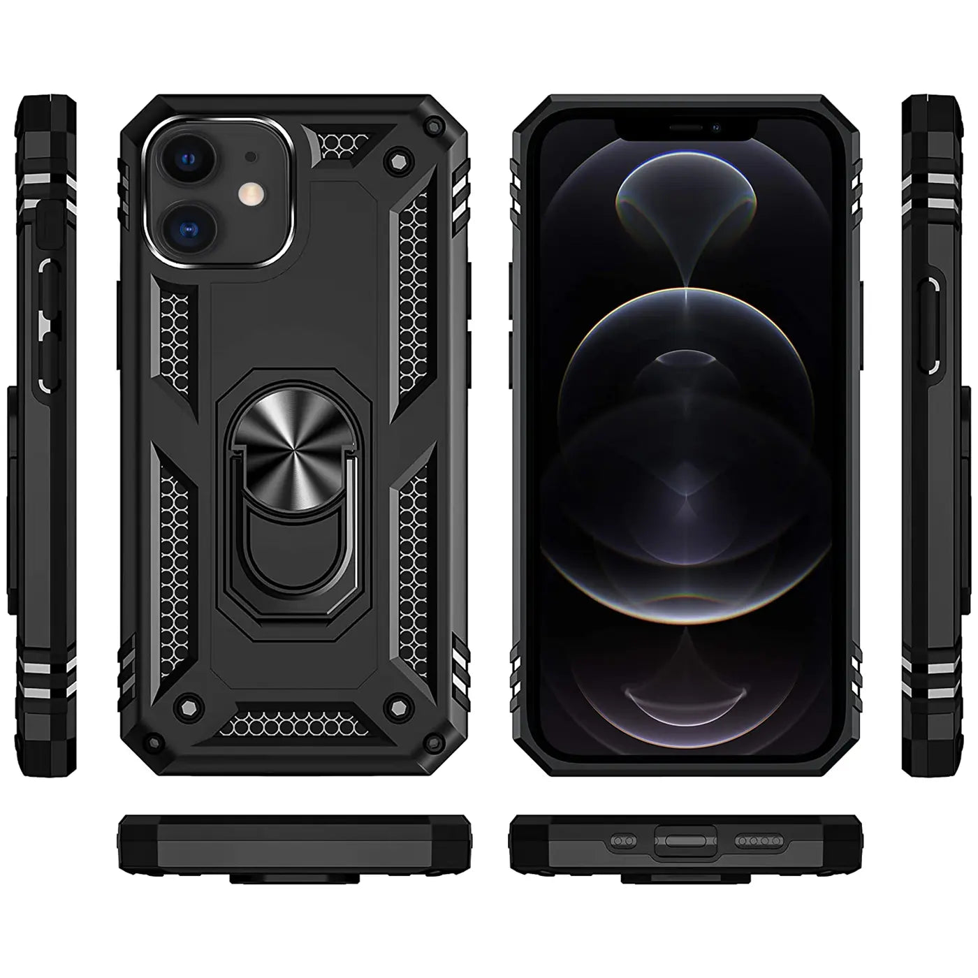 Schwarze Hülle mit Ringhalter für iPhone 12 Mini, verschiedene Ansichten.