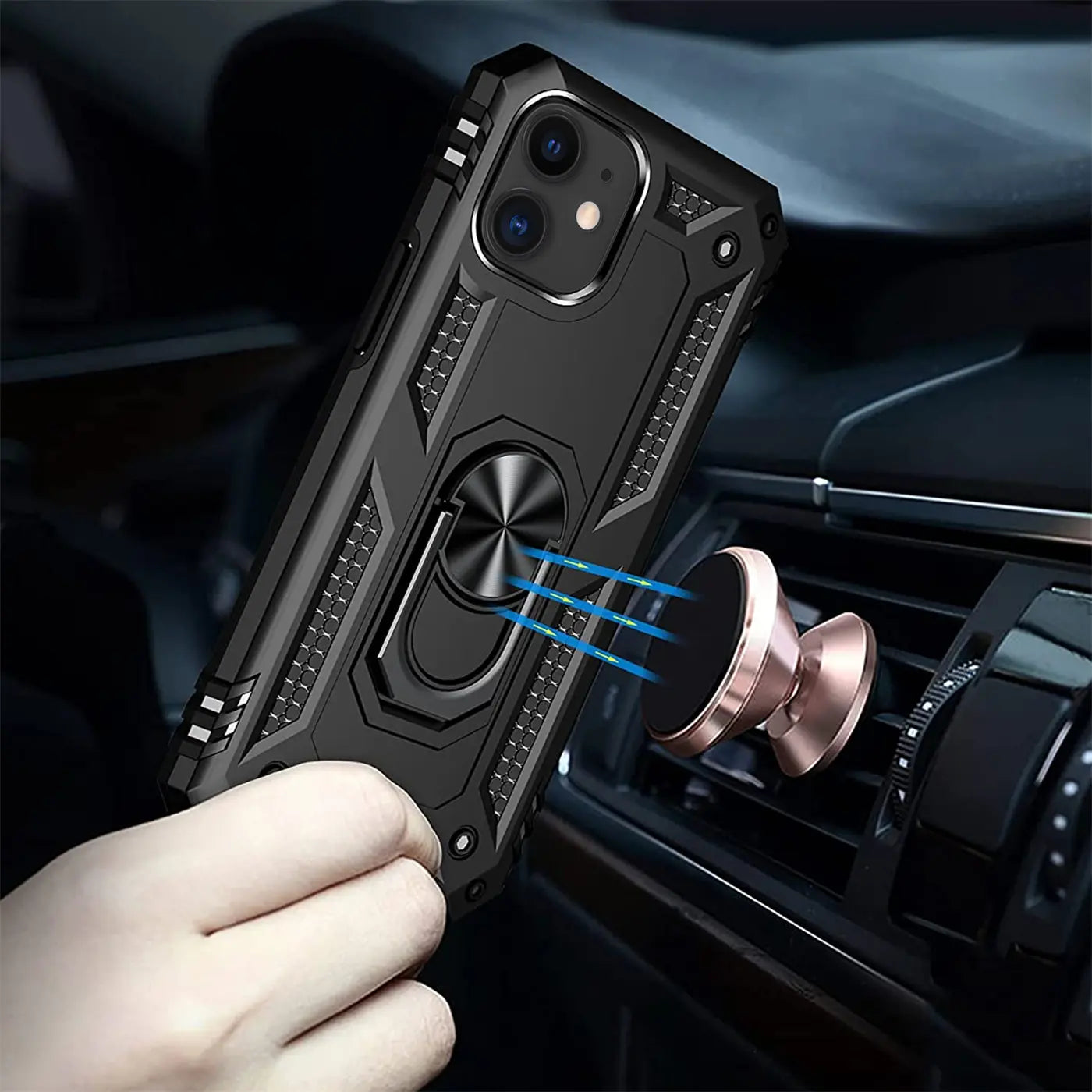 Schwarze Hülle mit Ringhalter für iPhone 12 Mini, Nahaufnahme, magnetische Autohalterung