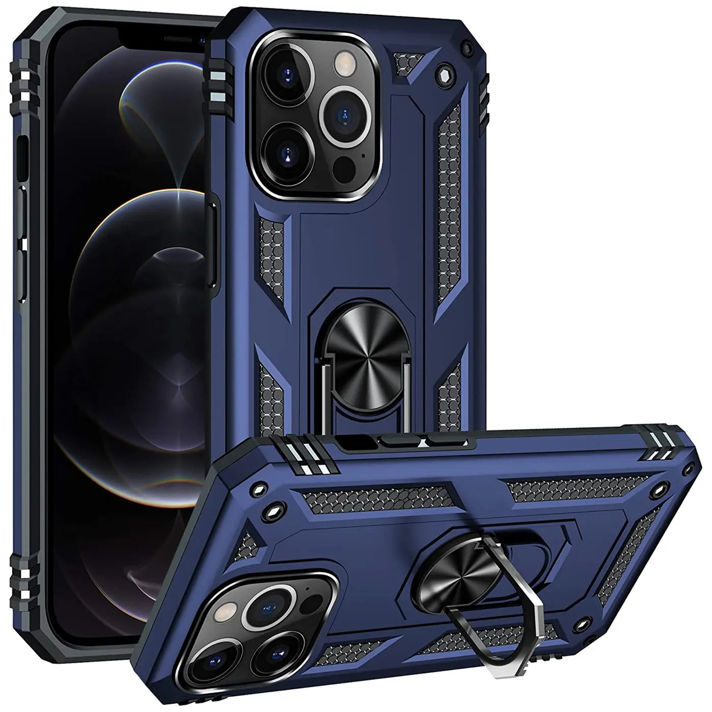 Dunkelblaue Hülle aus Kunststoff mit Ringhalter für iPhone 12 Pro Max, von vorne/oben
