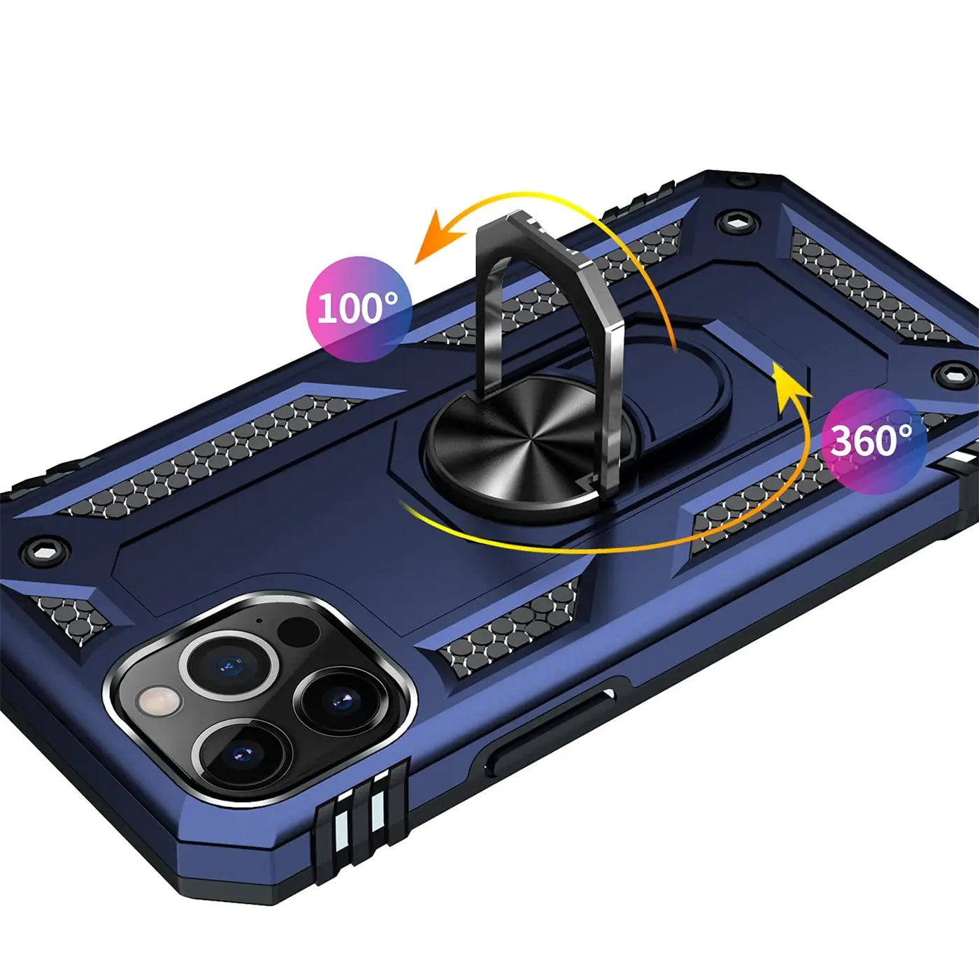 Dunkelblaue Hülle mit Ringhalter für iPhone 12 Pro Max, aus Kunststoff, von oben links.