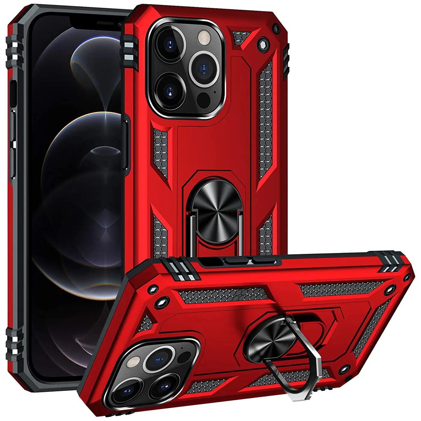 Rote Hülle mit Ringhalter für iPhone 12 Pro Max, aus Kunststoff, von vorne/oben.