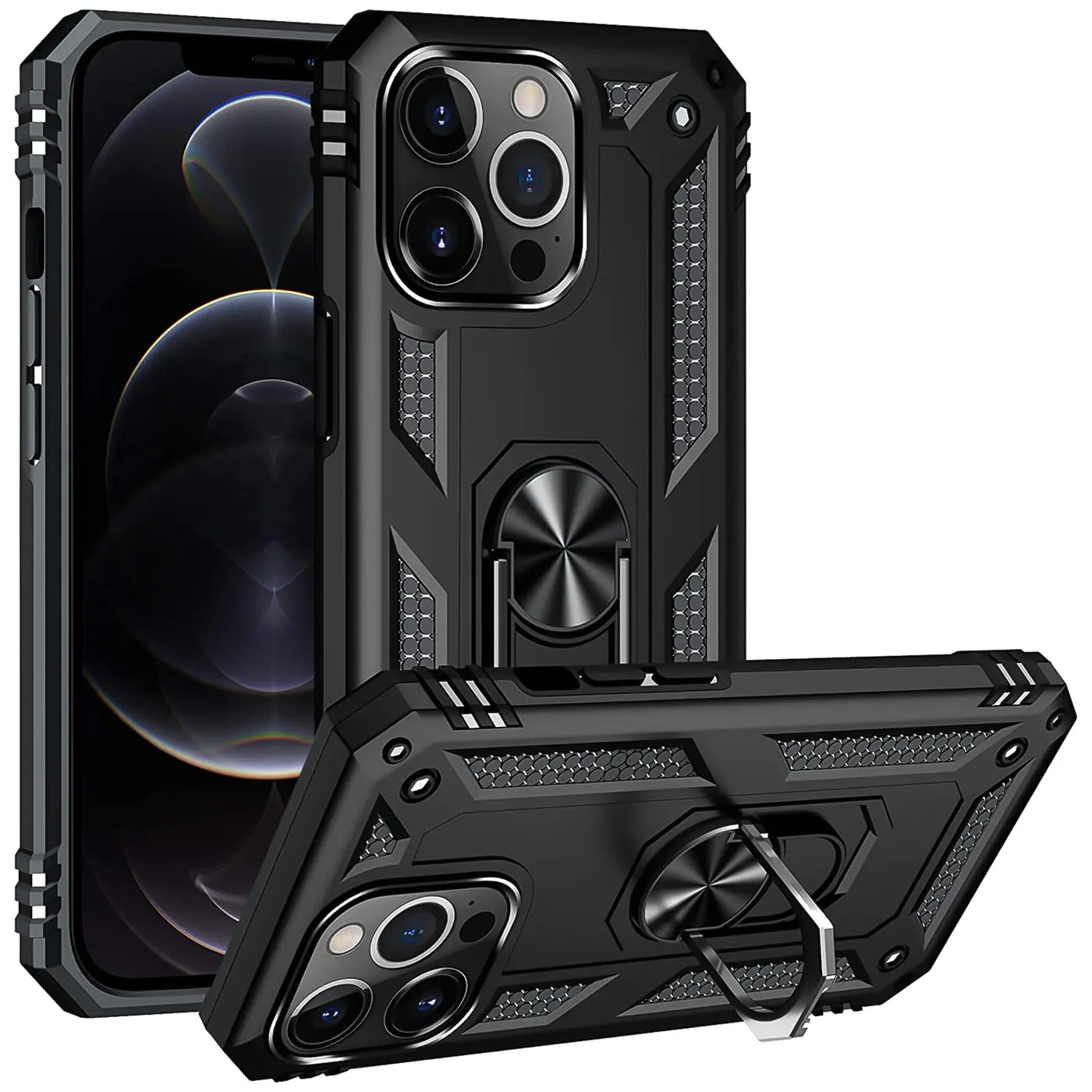 Schwarze Militär-Hülle aus Kunststoff mit Ringhalter für iPhone 12 Pro Max, Seitenansicht.
