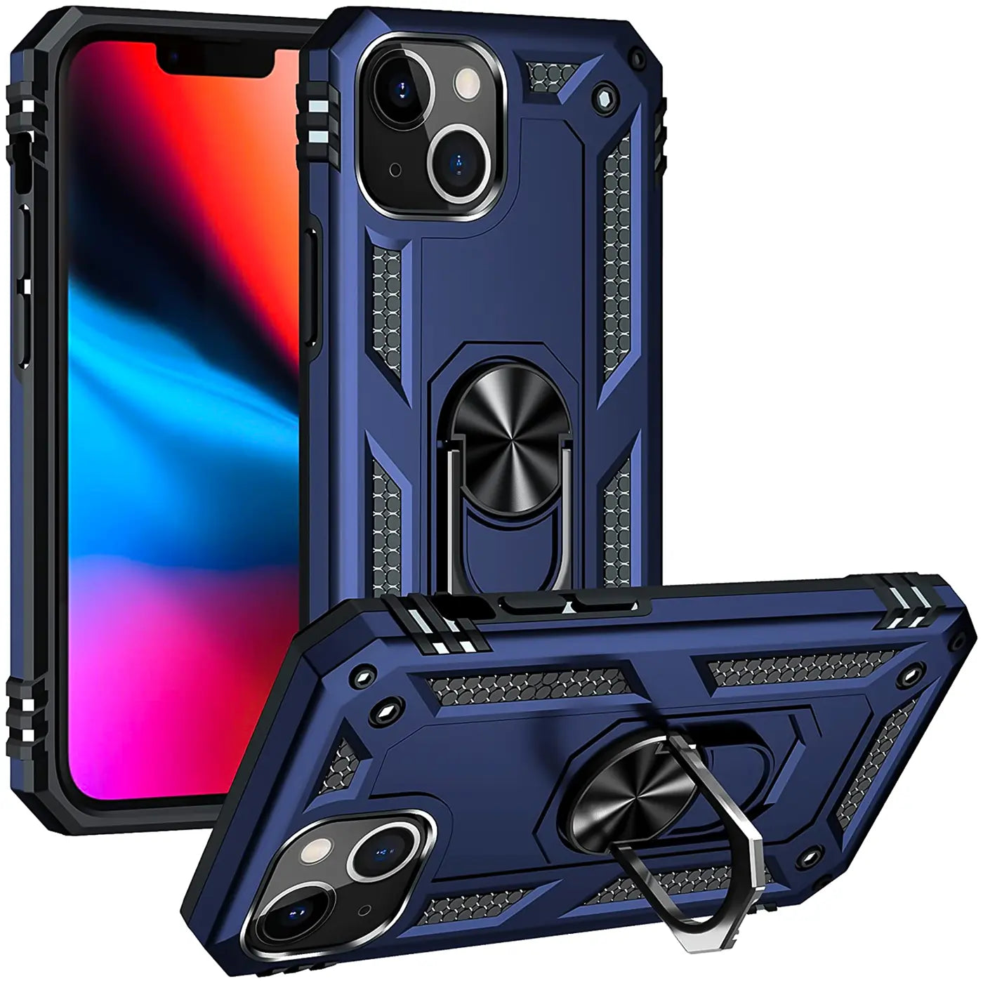Dunkelblaue Hülle aus Kunststoff mit Ringhalter für iPhone 13 Mini, Seitenansicht.