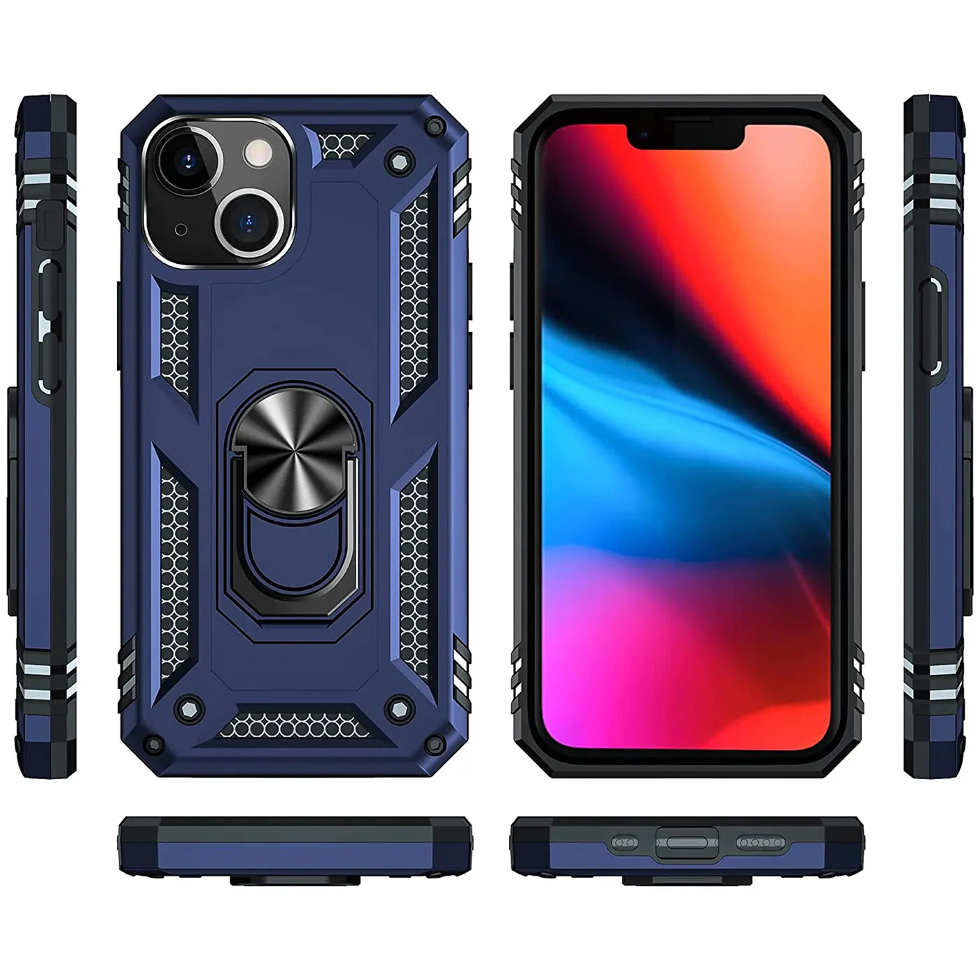Dunkelblaue Hülle mit Ringhalter für iPhone 13 Mini, verschiedene Ansichten.