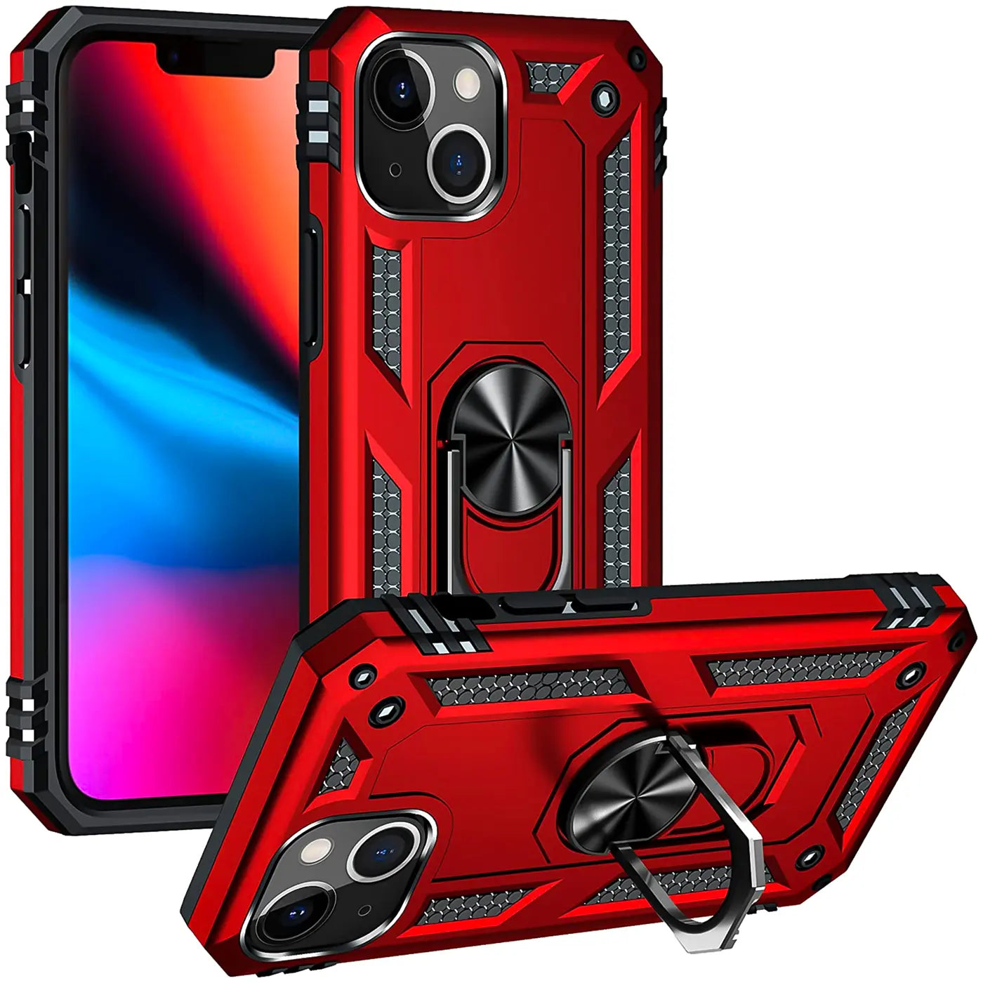 Rote Hülle mit Ringhalter für iPhone 13 Mini, von vorne und von der Seite