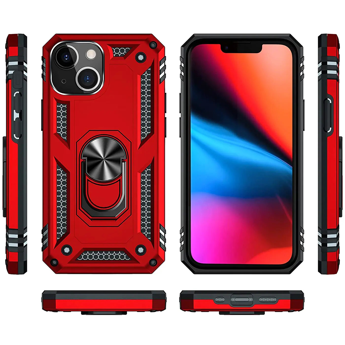 Rote Military Hülle mit Ringhalter für iPhone 13 Mini, von vorne, Seite, Rückseite