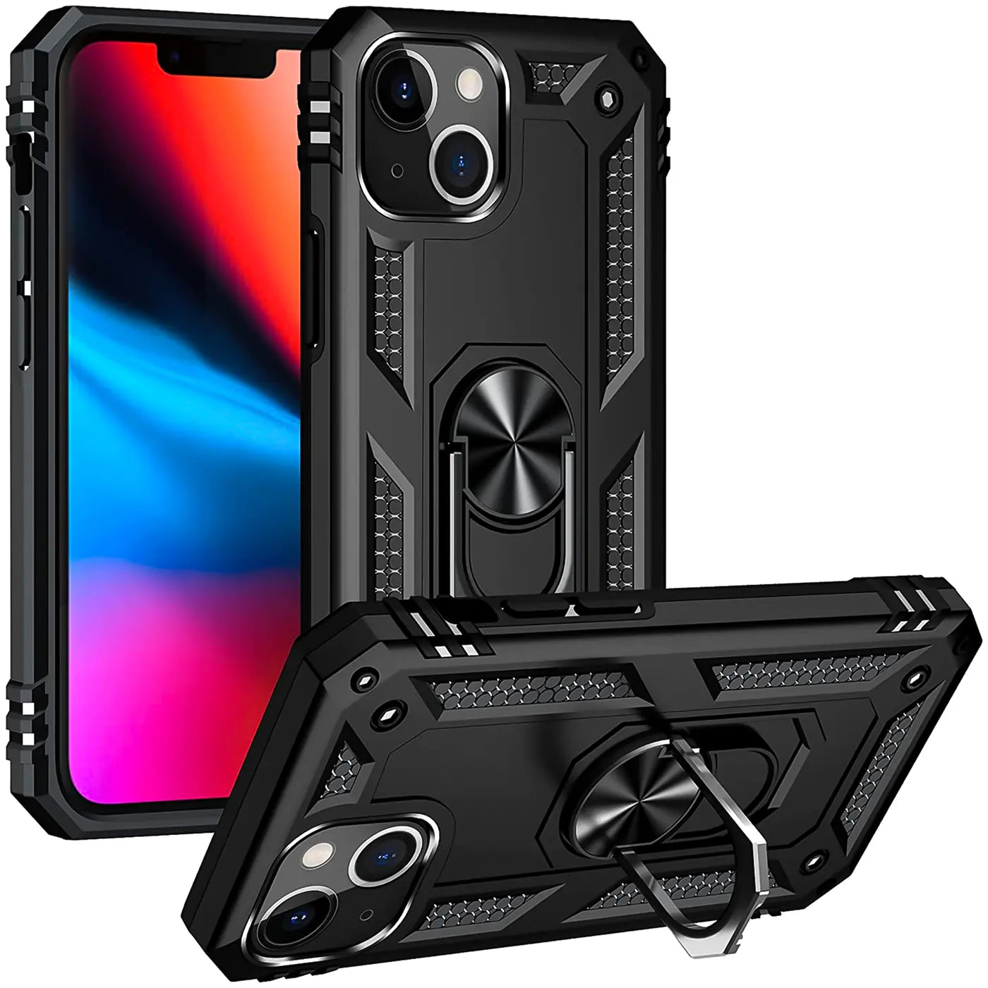 Schwarze Militärhülle aus Kunststoff mit Ringhalter für iPhone 13 Mini, Seitenansicht.