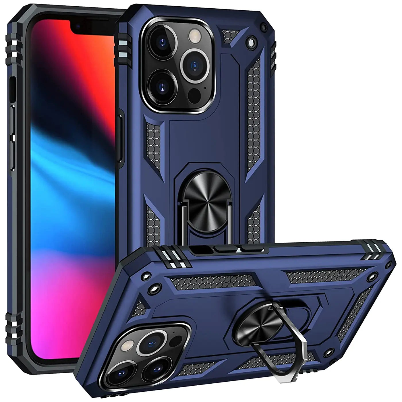 Dunkelblaue Hülle aus Kunststoff mit Ringhalter für iPhone 13 Pro, Seitenansicht.