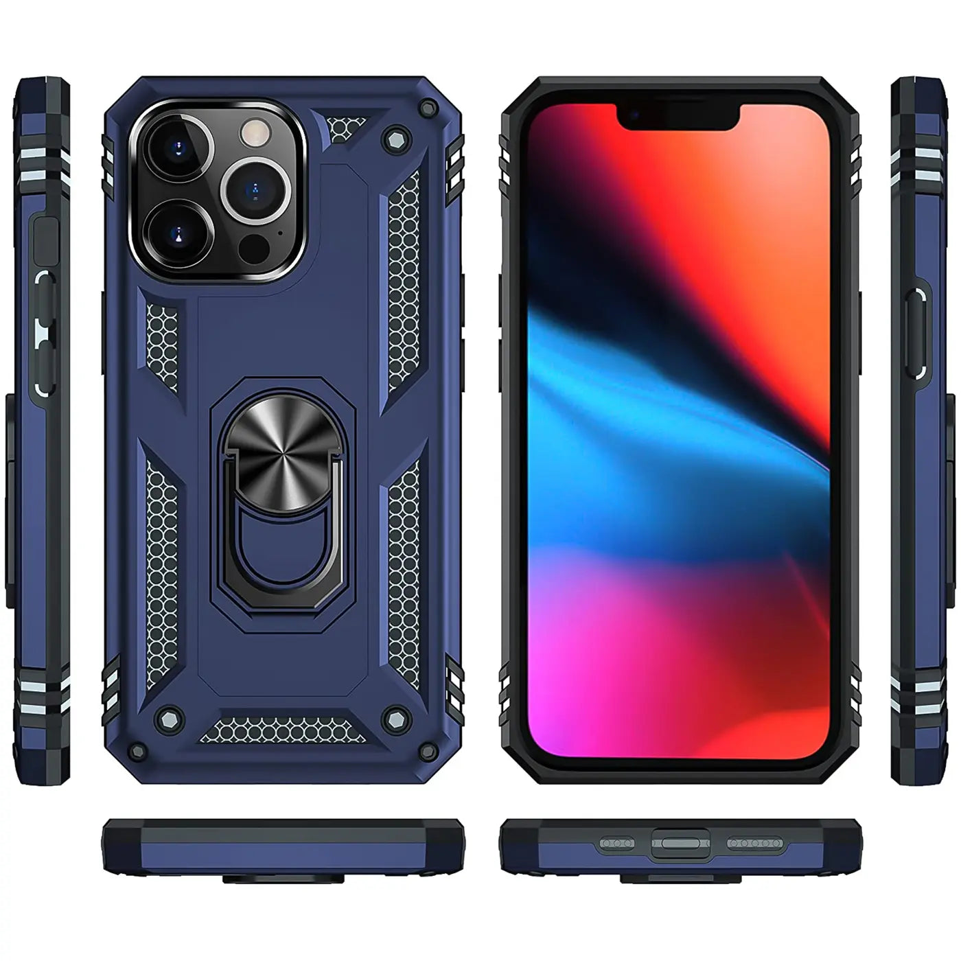 Dunkelblaue Hülle mit Ringhalter, Rückseite und Vorderseite eines iPhone 13 Pro Max.