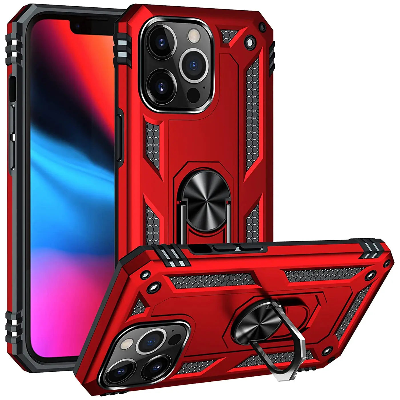 Rote Hülle mit Ringhalter für iPhone 13 Pro Max, von vorne/oben.