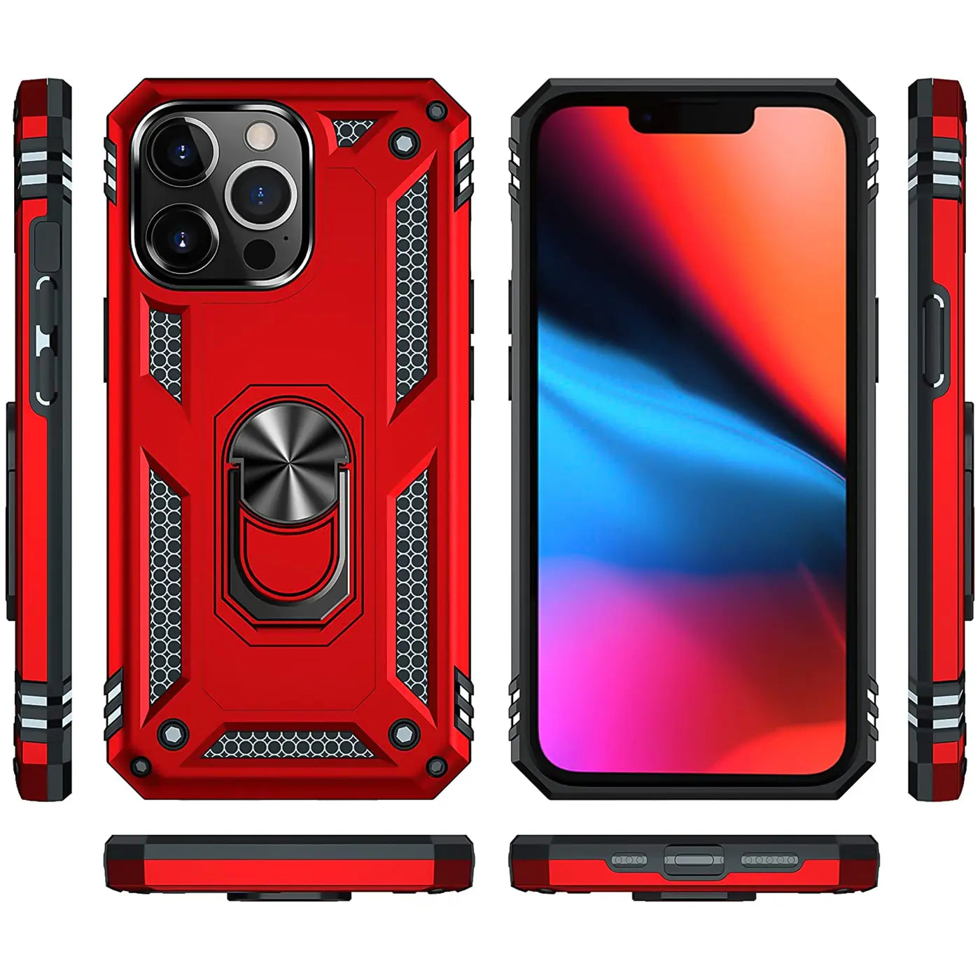 Rote Hülle mit Ringhalter für iPhone 13 Pro Max, von vorne, Seite, Rückseite.