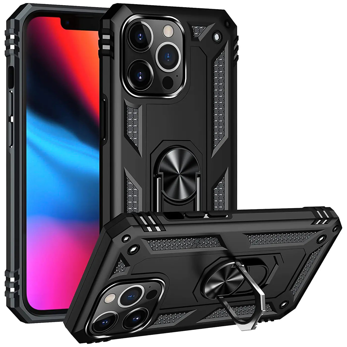 Schwarze Hülle aus Kunststoff mit Ringhalter für iPhone 13 Pro Max, Seitenansicht.
