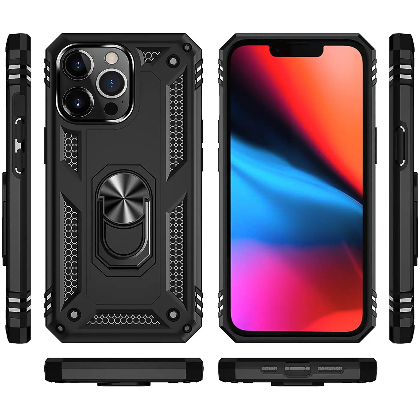 Schwarze Hülle aus Kunststoff mit Ringhalter für iPhone 13 Pro Max, Vorder- und Seitenansicht.