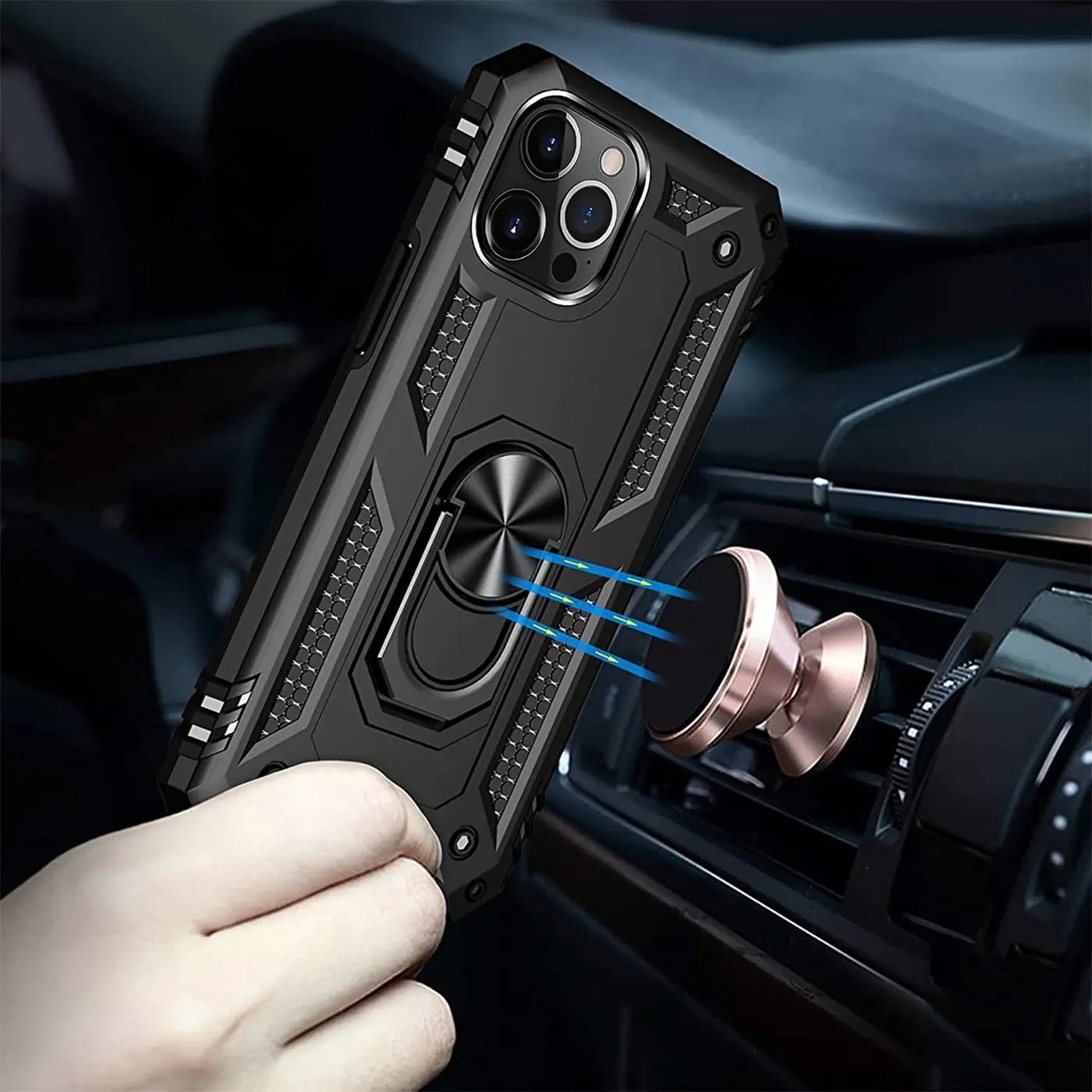 Schwarze Handyhülle mit Ringhalter, Material Kunststoff, iPhone 13 Pro Max, von vorne links