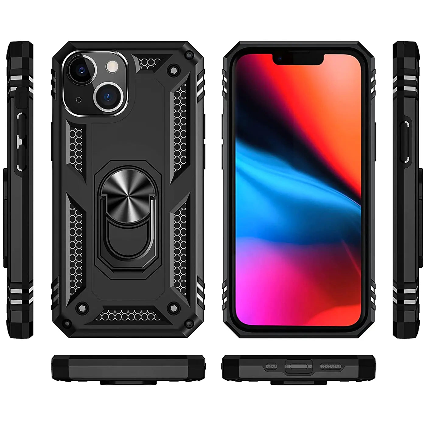 Schwarzes iPhone 13 Military Hülle mit Ringhalter, Vorder- und Seitenansicht