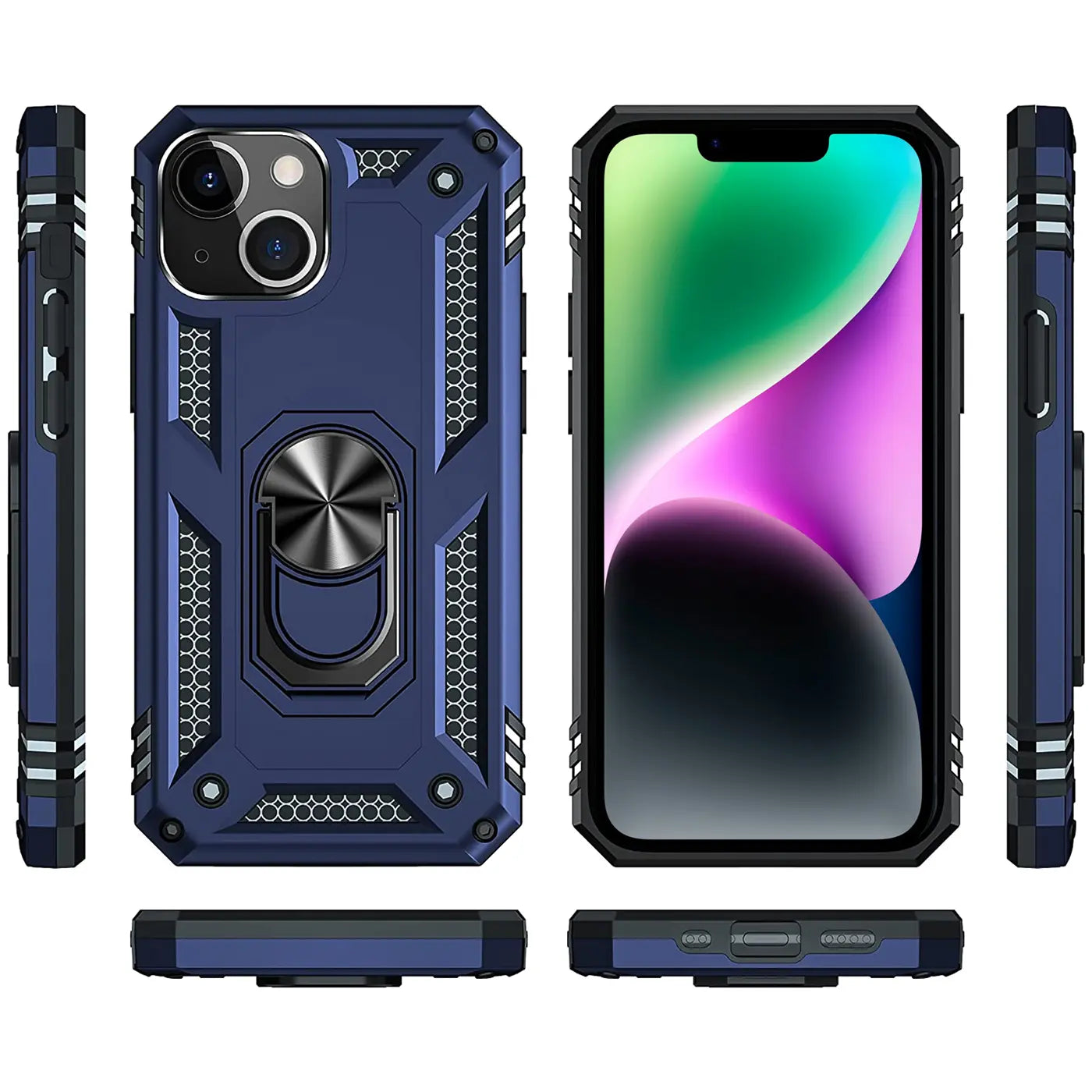 Dunkelblaue Hülle mit Ringhalter, Rückseite und Vorderseite eines iPhone 14, verschiedene Winkel.