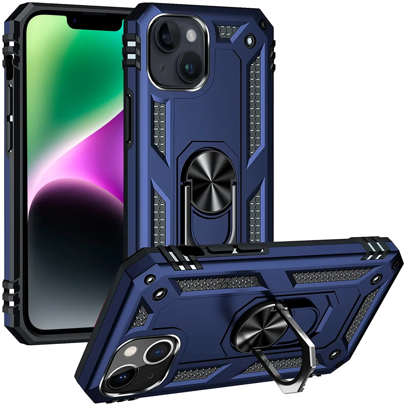 Dunkelblaue Hülle aus Kunststoff/Metall mit Ringhalter für iPhone 14 Plus, Seitenansicht.