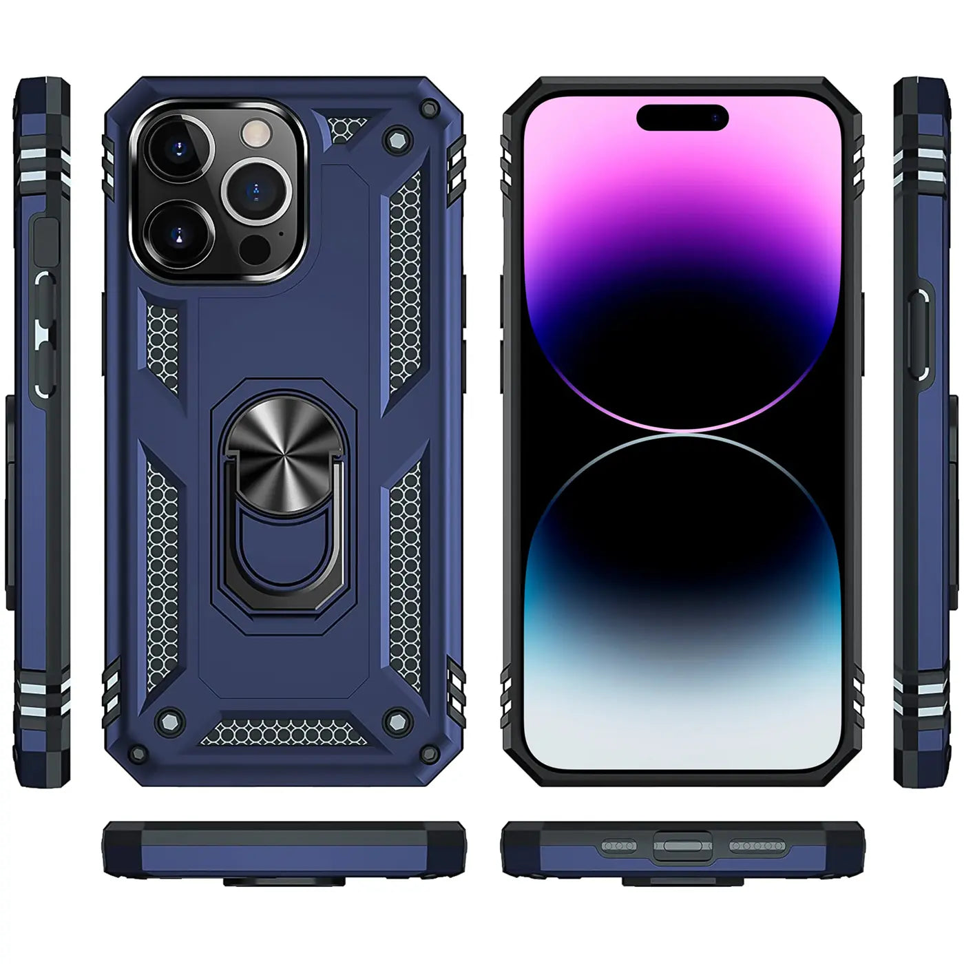 Dunkelblaue Hülle mit Ringhalter für iPhone 14 Pro Max, von vorne und Seite