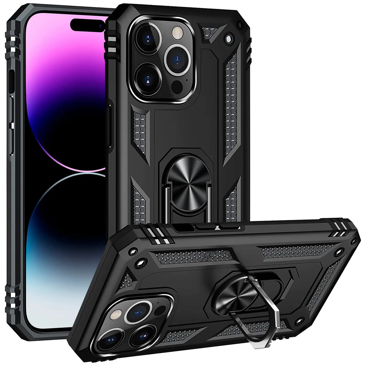 Schwarze Hülle aus Kunststoff mit Ringhalter für iPhone 14 Pro Max, von vorne und schräg